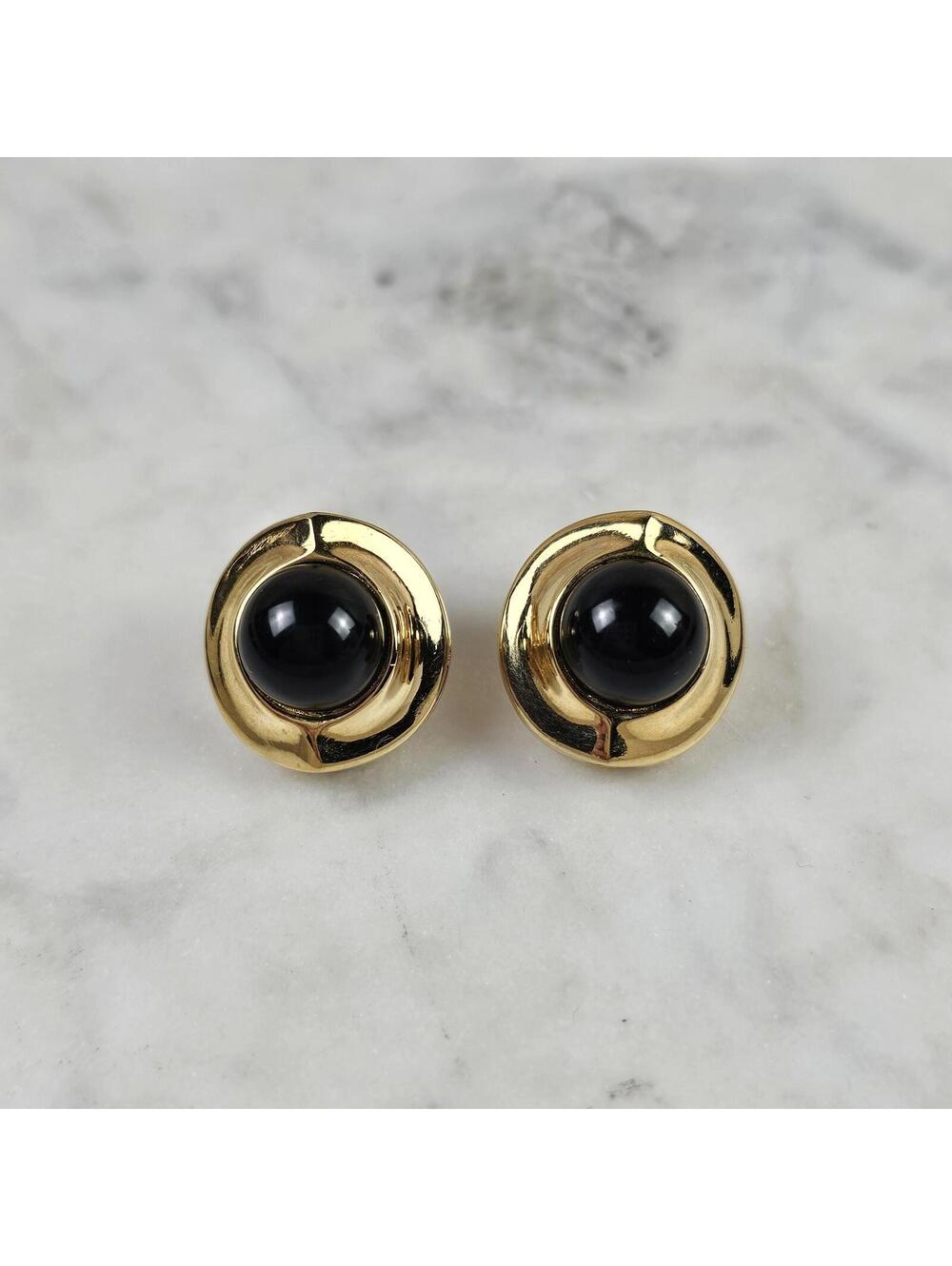 Givenchy Paris New York Gold Tone Black Cabochon Earrings